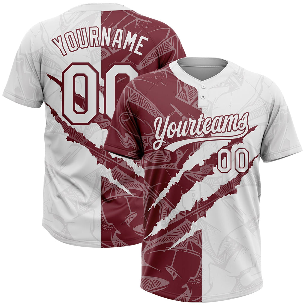 Custom Graffiti Pattern White-Burgundy 3D Scratch Two-Button Unisex Softball Jersey