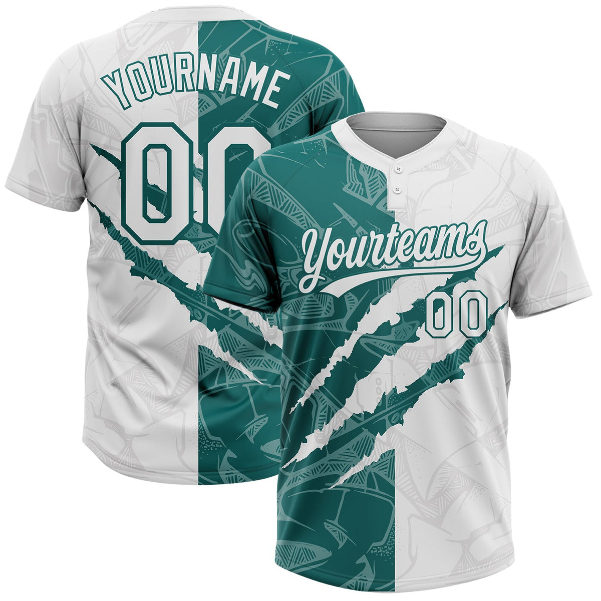 Custom Graffiti Pattern White-Teal 3D Scratch Two-Button Unisex Softball Jersey