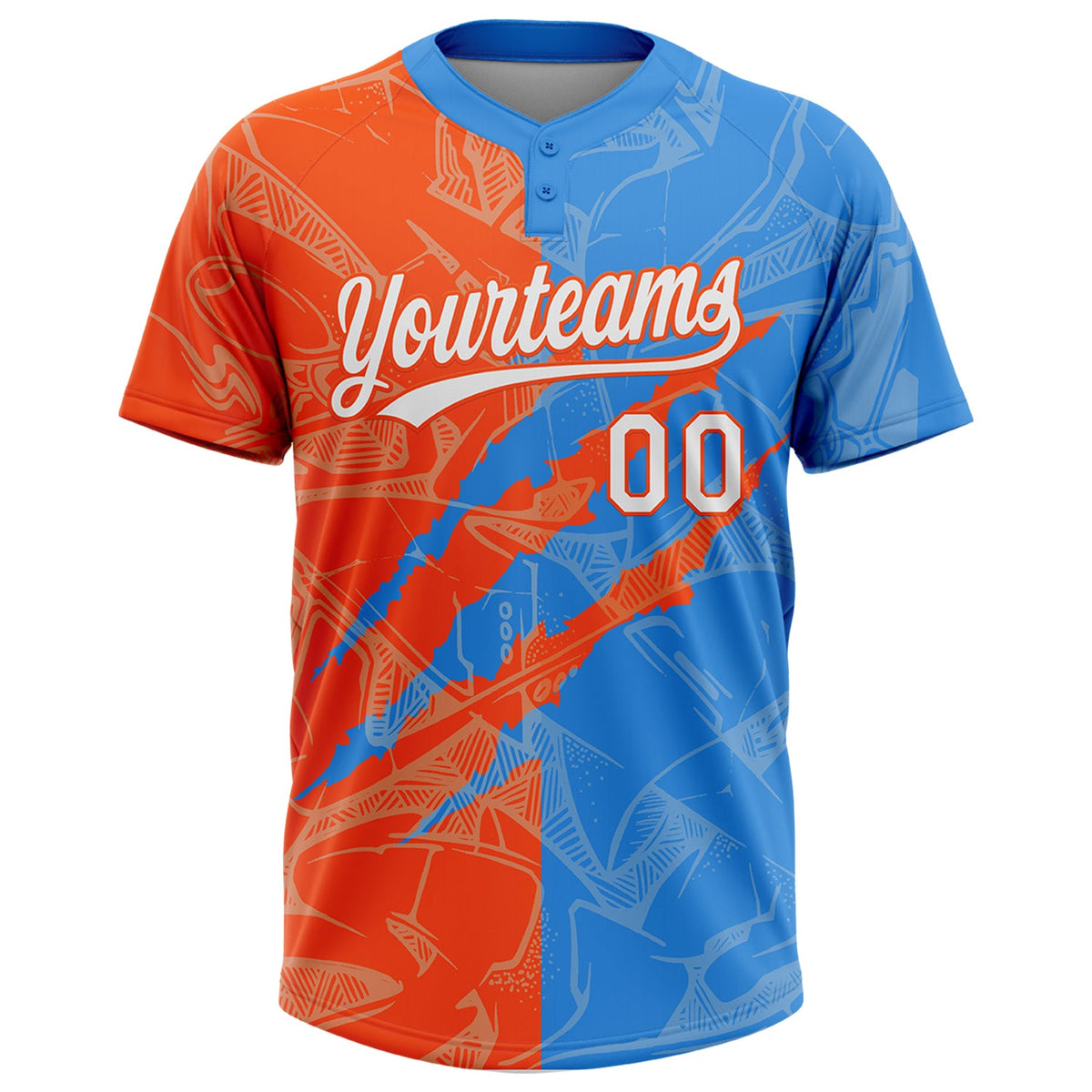 Custom Graffiti Pattern White Electric Blue-Orange 3D Scratch Two-Button Unisex Softball Jersey