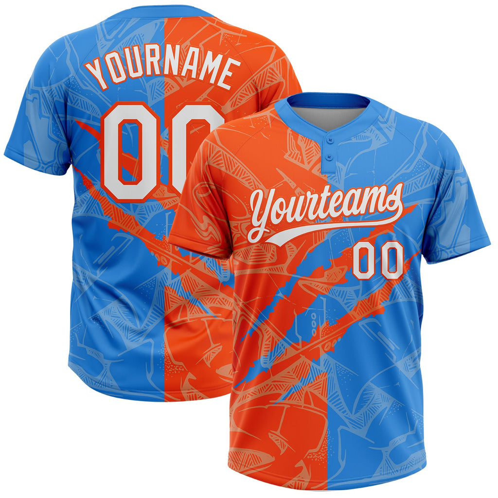 Custom Graffiti Pattern White Electric Blue-Orange 3D Scratch Two-Button Unisex Softball Jersey