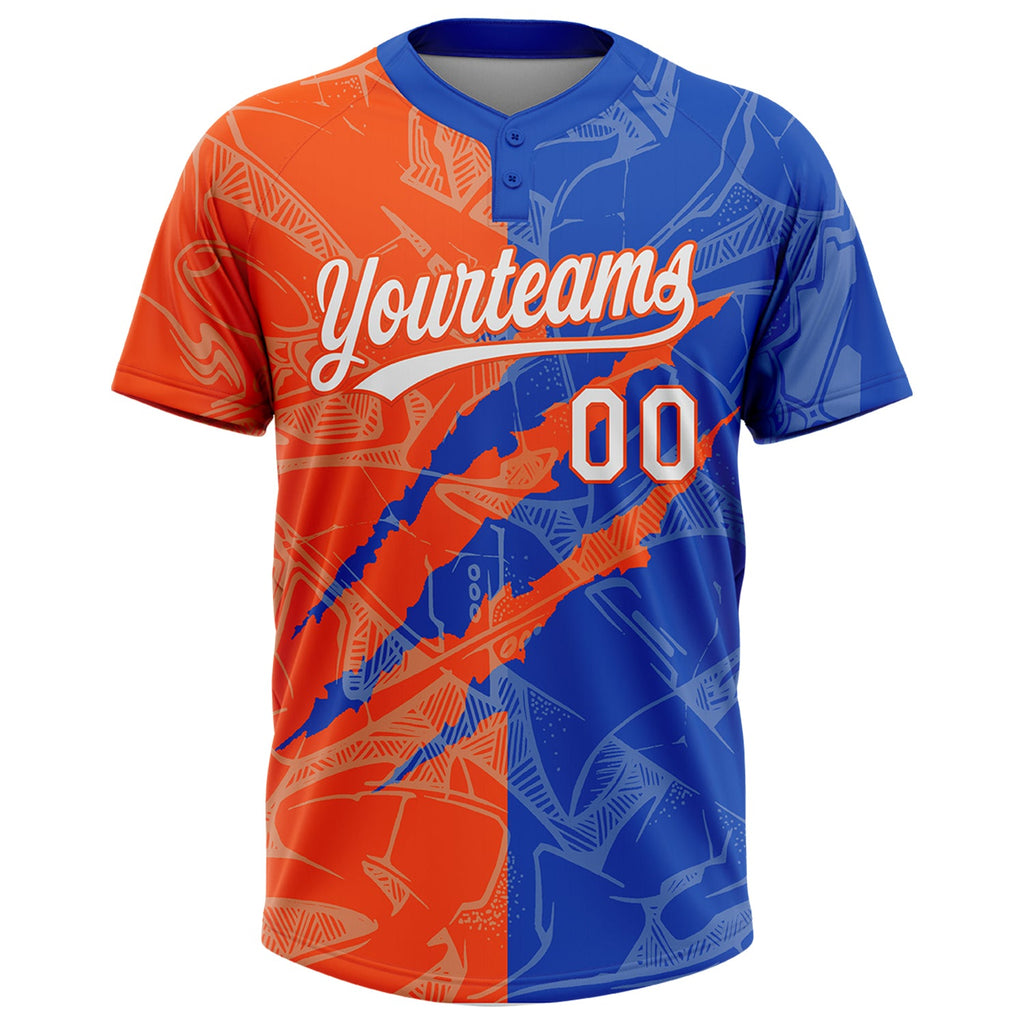 Custom Graffiti Pattern White Thunder Blue-Orange 3D Scratch Two-Button Unisex Softball Jersey
