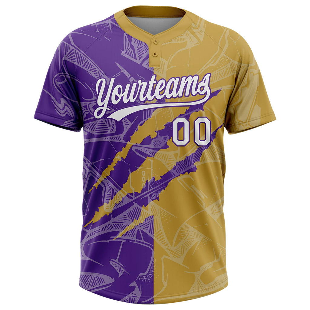 Custom Graffiti Pattern White Old Gold-Purple 3D Scratch Two-Button Unisex Softball Jersey