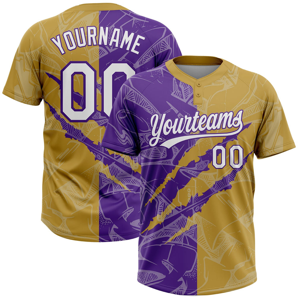 Custom Graffiti Pattern White Old Gold-Purple 3D Scratch Two-Button Unisex Softball Jersey