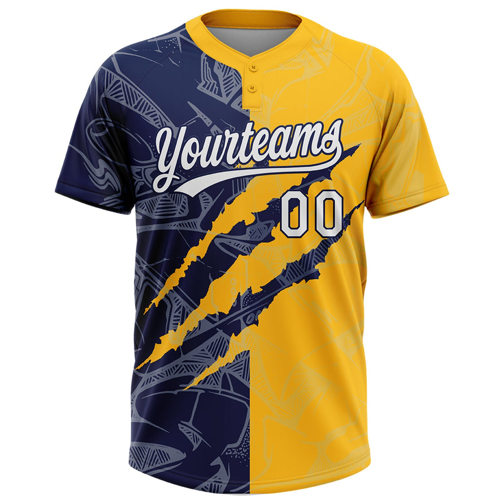 Custom Graffiti Pattern White Gold-Navy 3D Scratch Two-Button Unisex Softball Jersey