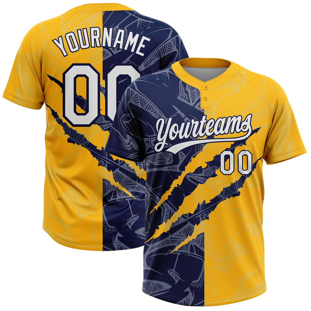 Custom Graffiti Pattern White Gold-Navy 3D Scratch Two-Button Unisex Softball Jersey