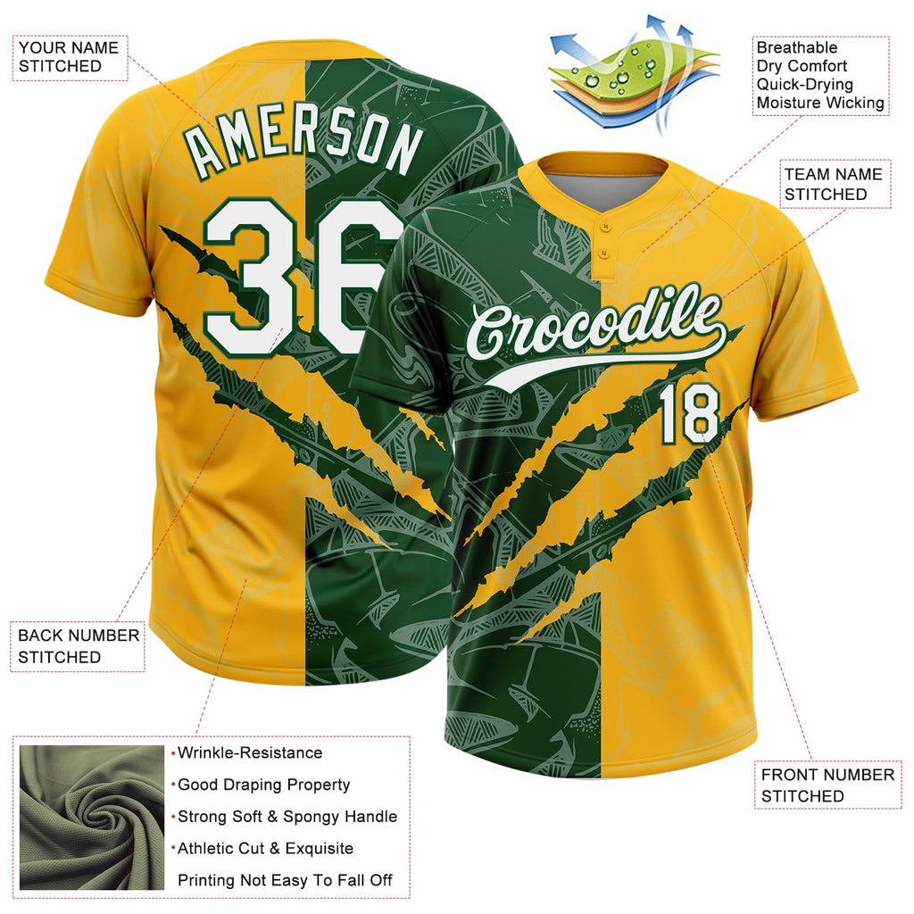 Custom Graffiti Pattern White Gold-Green 3D Scratch Two-Button Unisex Softball Jersey