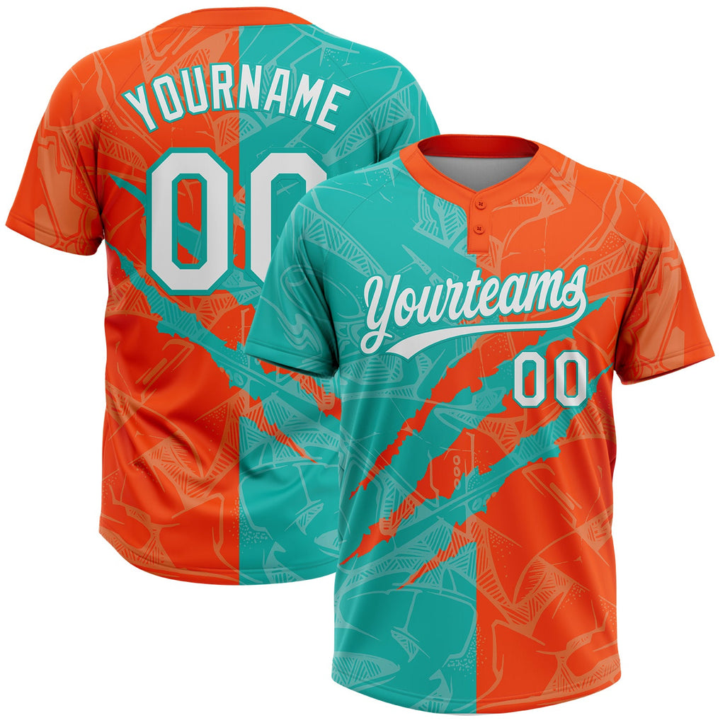 Custom Graffiti Pattern White Orange-Aqua 3D Scratch Two-Button Unisex Softball Jersey