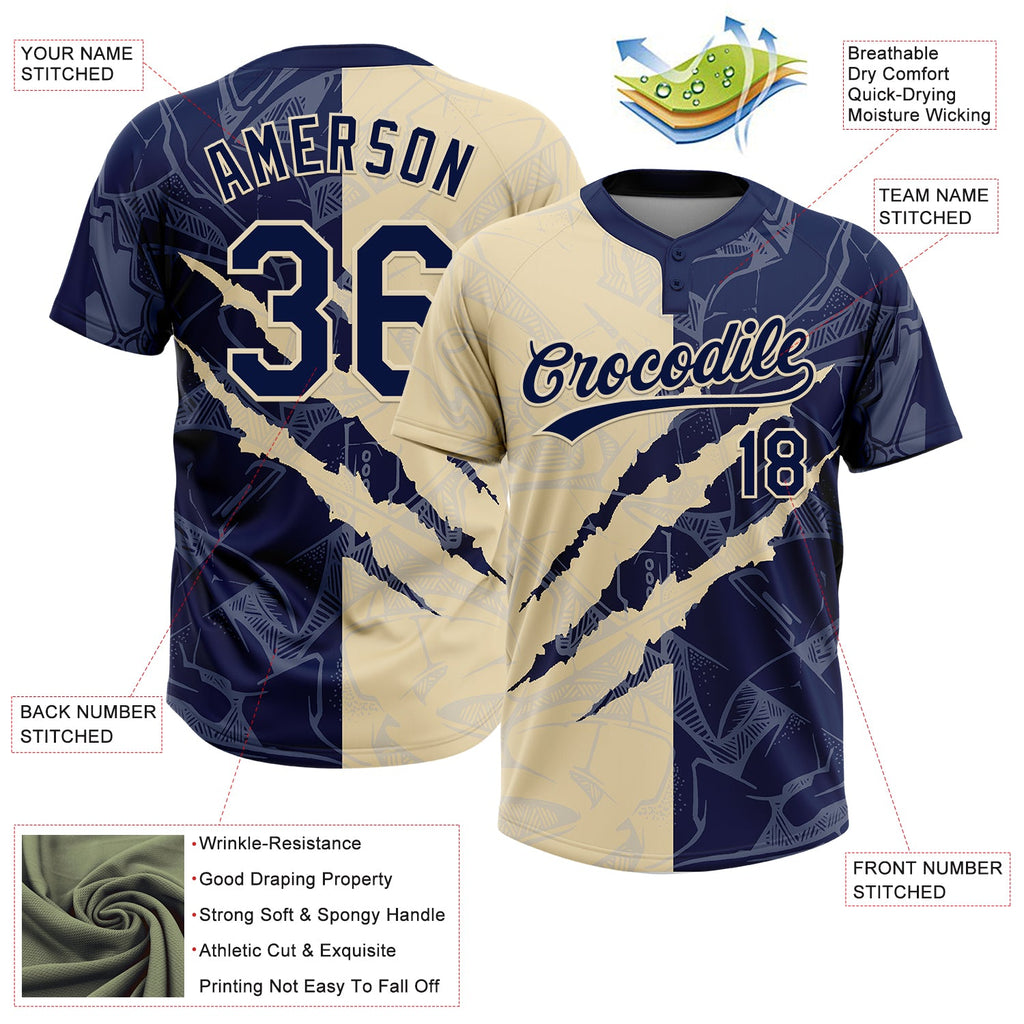 Custom Graffiti Pattern Navy-Cream 3D Scratch Two-Button Unisex Softball Jersey