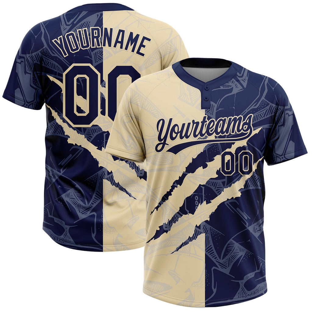 Custom Graffiti Pattern Navy-Cream 3D Scratch Two-Button Unisex Softball Jersey
