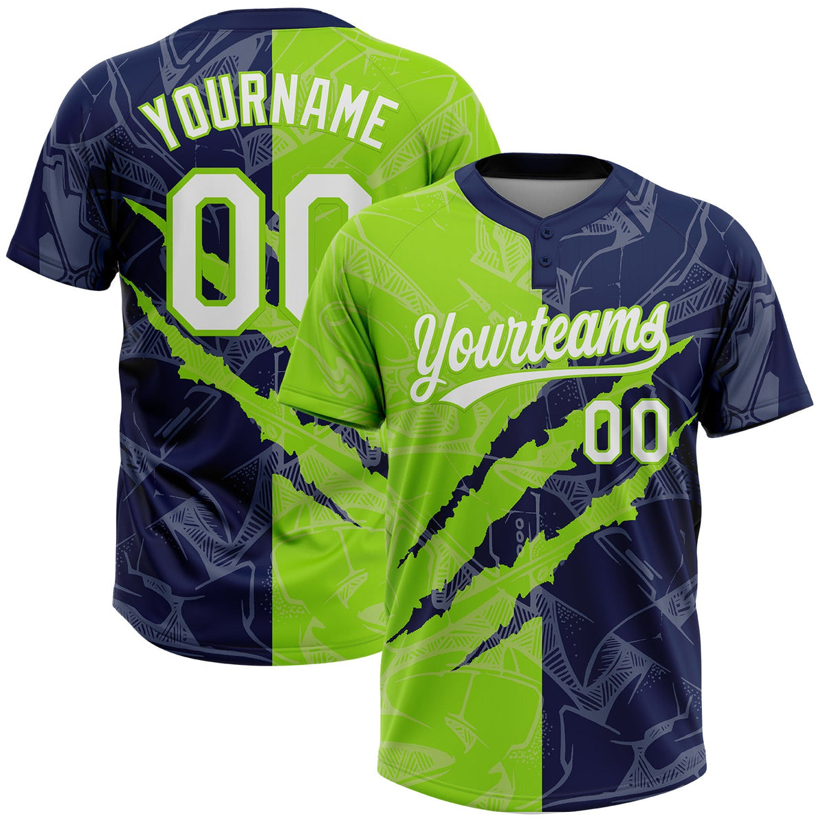 Custom Graffiti Pattern White Navy-Neon Green 3D Scratch Two-Button Unisex Softball Jersey
