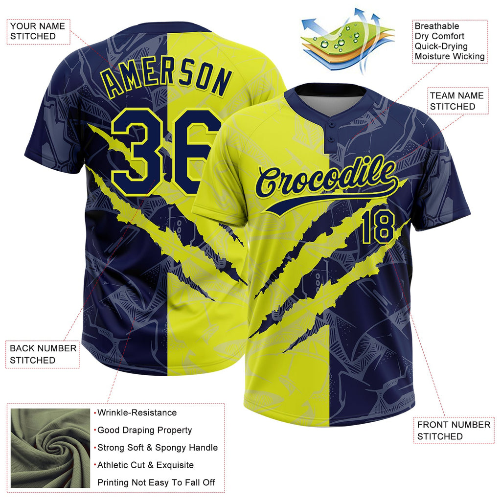 Custom Graffiti Pattern Navy-Neon Yellow 3D Scratch Two-Button Unisex Softball Jersey
