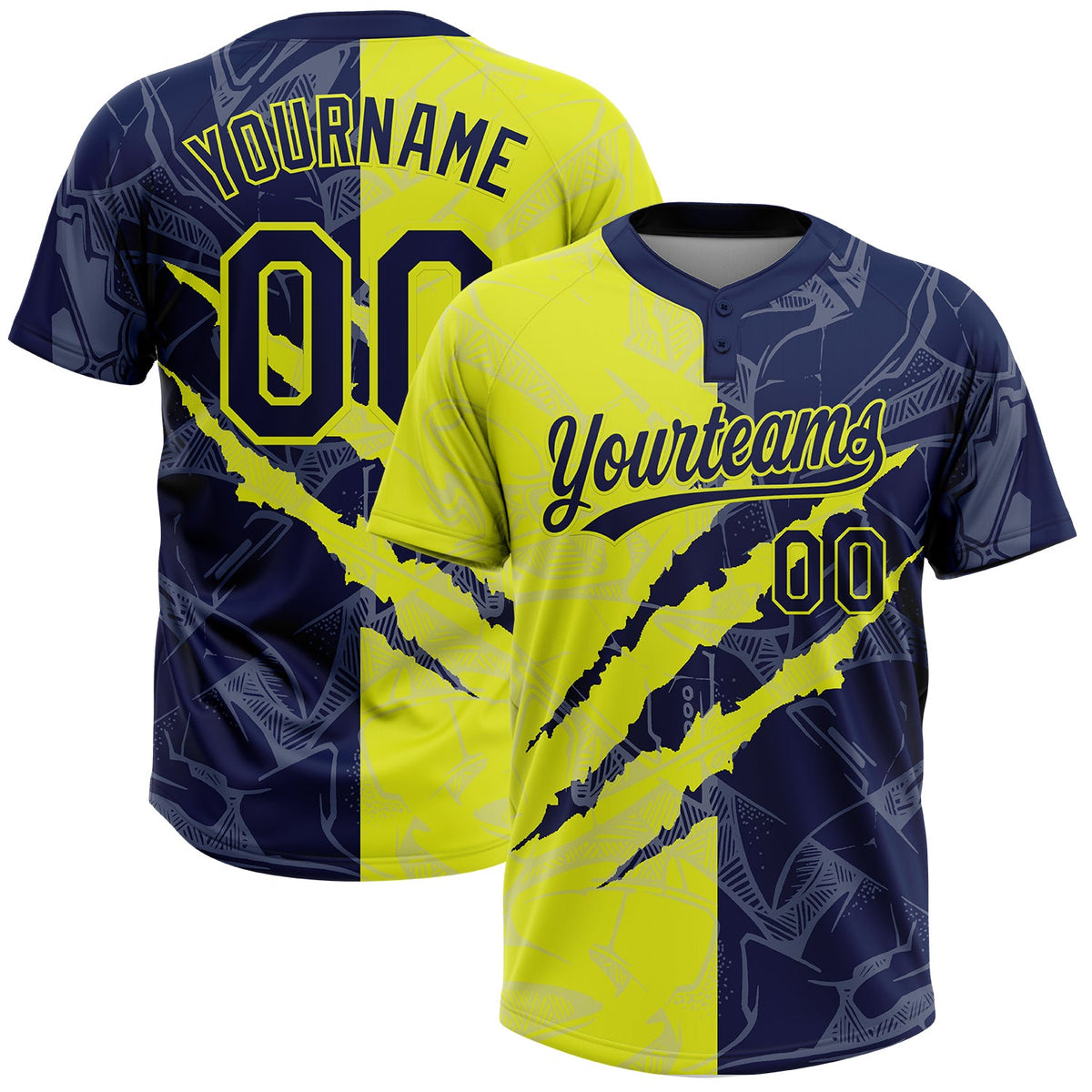 Custom Graffiti Pattern Navy-Neon Yellow 3D Scratch Two-Button Unisex Softball Jersey
