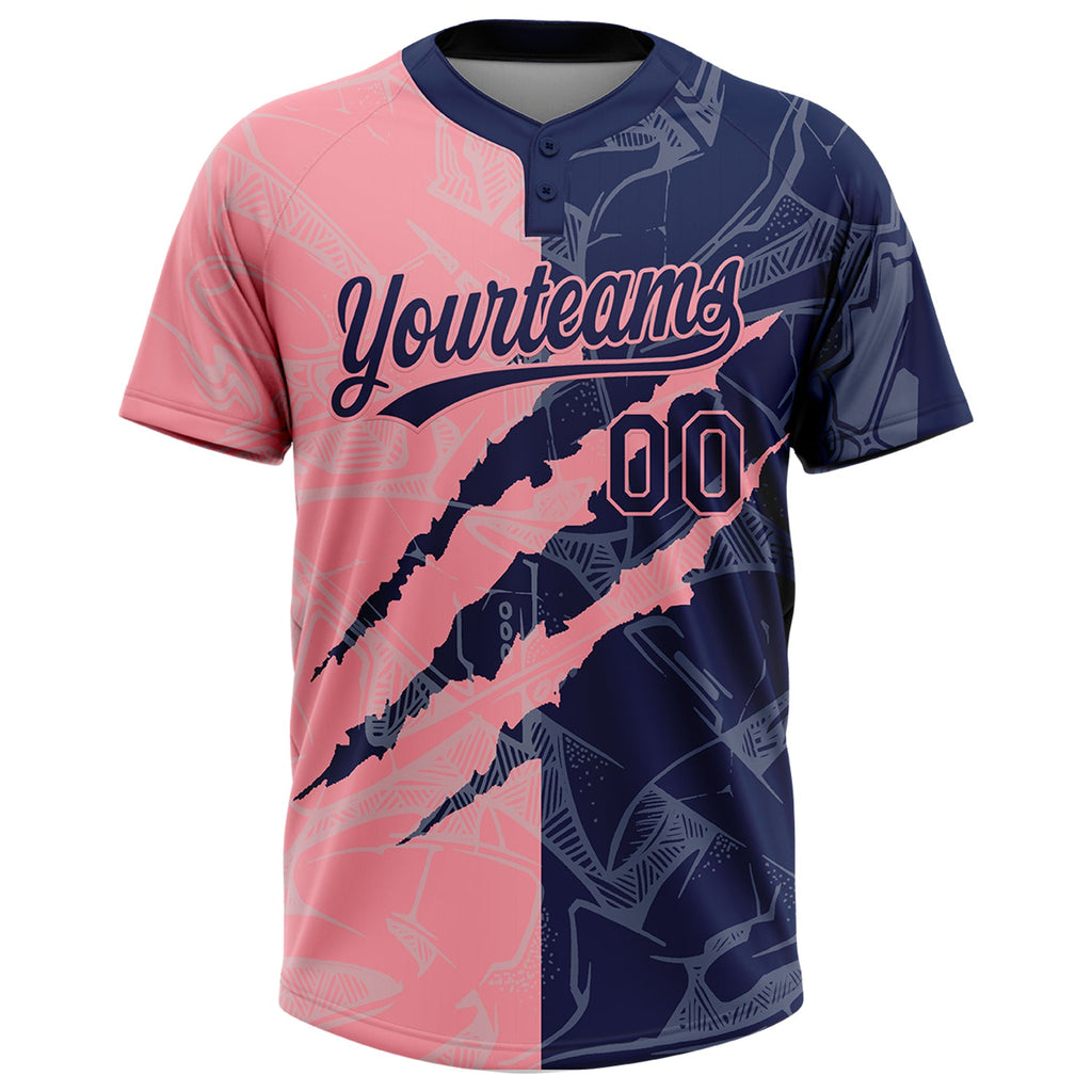Custom Graffiti Pattern Navy-Medium Pink 3D Scratch Two-Button Unisex Softball Jersey