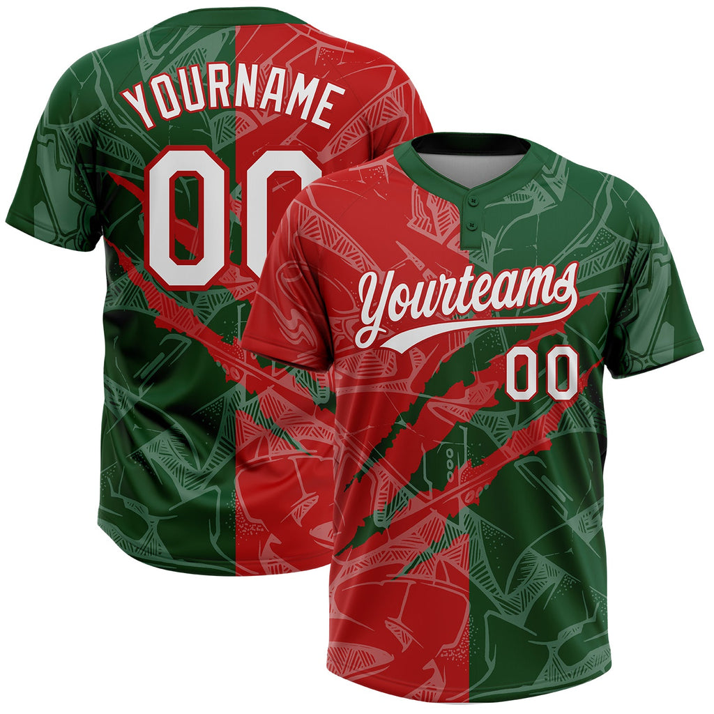 Custom Graffiti Pattern White Green-Red 3D Scratch Two-Button Unisex Softball Jersey