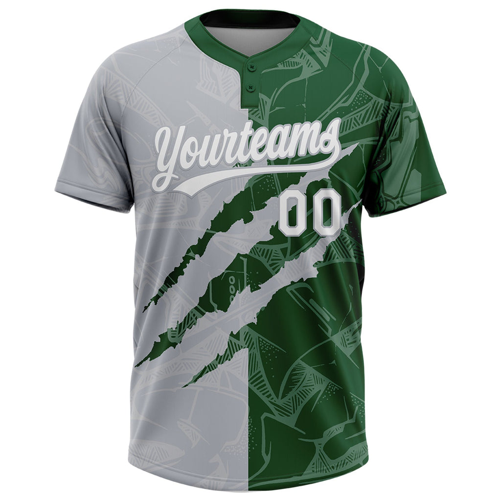 Custom Graffiti Pattern White Green-Gray 3D Scratch Two-Button Unisex Softball Jersey