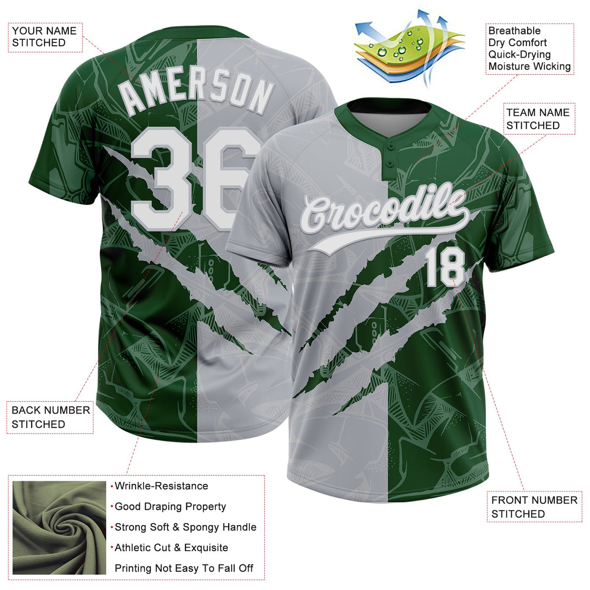 Custom Graffiti Pattern White Green-Gray 3D Scratch Two-Button Unisex Softball Jersey