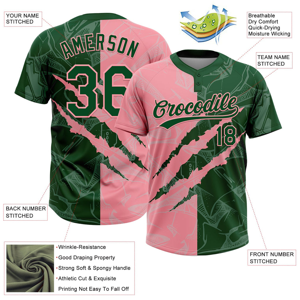 Custom Graffiti Pattern Green-Medium Pink 3D Scratch Two-Button Unisex Softball Jersey