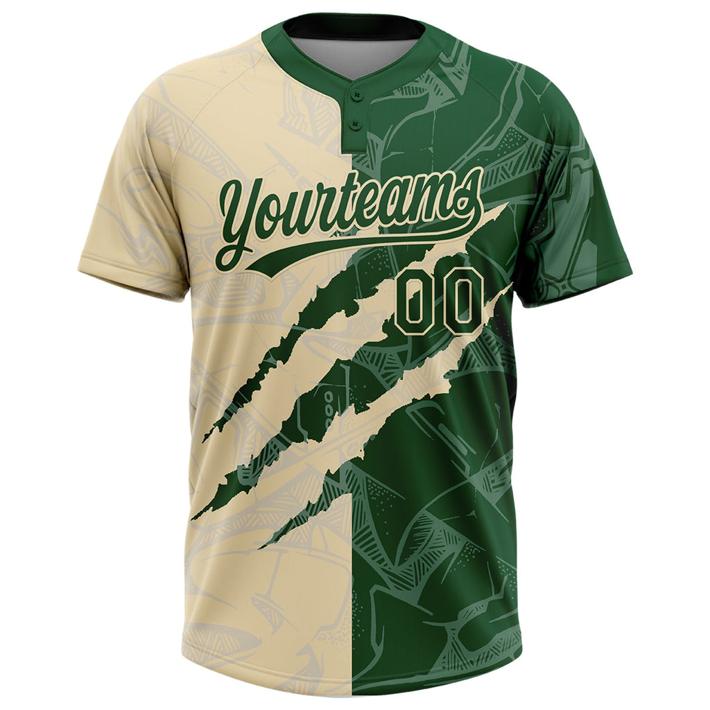 Custom Graffiti Pattern Green-Cream 3D Scratch Two-Button Unisex Softball Jersey