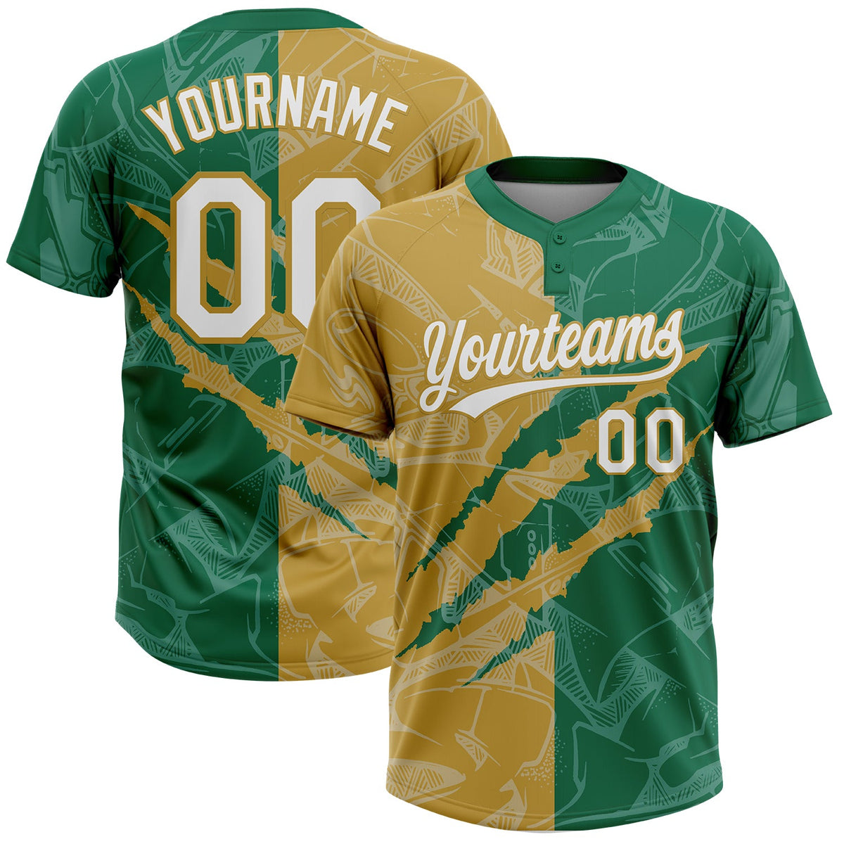 Custom Graffiti Pattern White Kelly Green-Old Gold 3D Scratch Two-Button Unisex Softball Jersey
