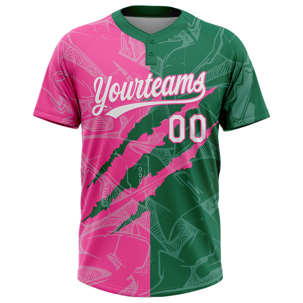 Custom Graffiti Pattern White Kelly Green-Pink 3D Scratch Two-Button Unisex Softball Jersey