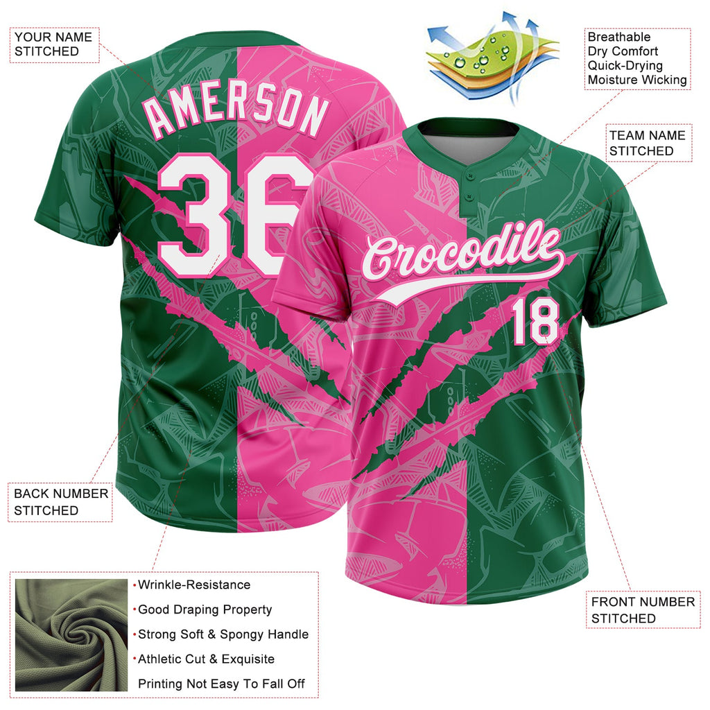 Custom Graffiti Pattern White Kelly Green-Pink 3D Scratch Two-Button Unisex Softball Jersey