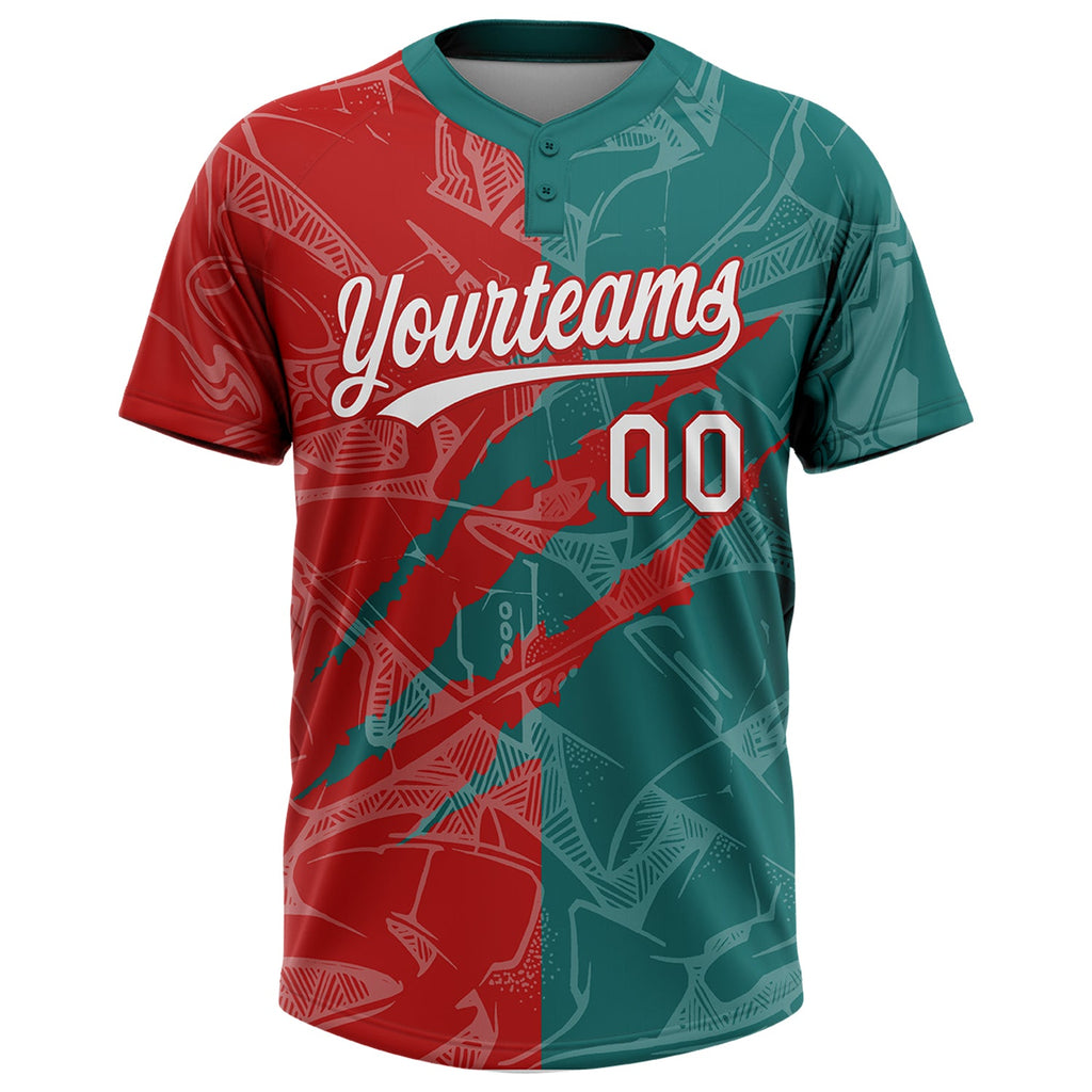 Custom Graffiti Pattern White Teal-Red 3D Scratch Two-Button Unisex Softball Jersey