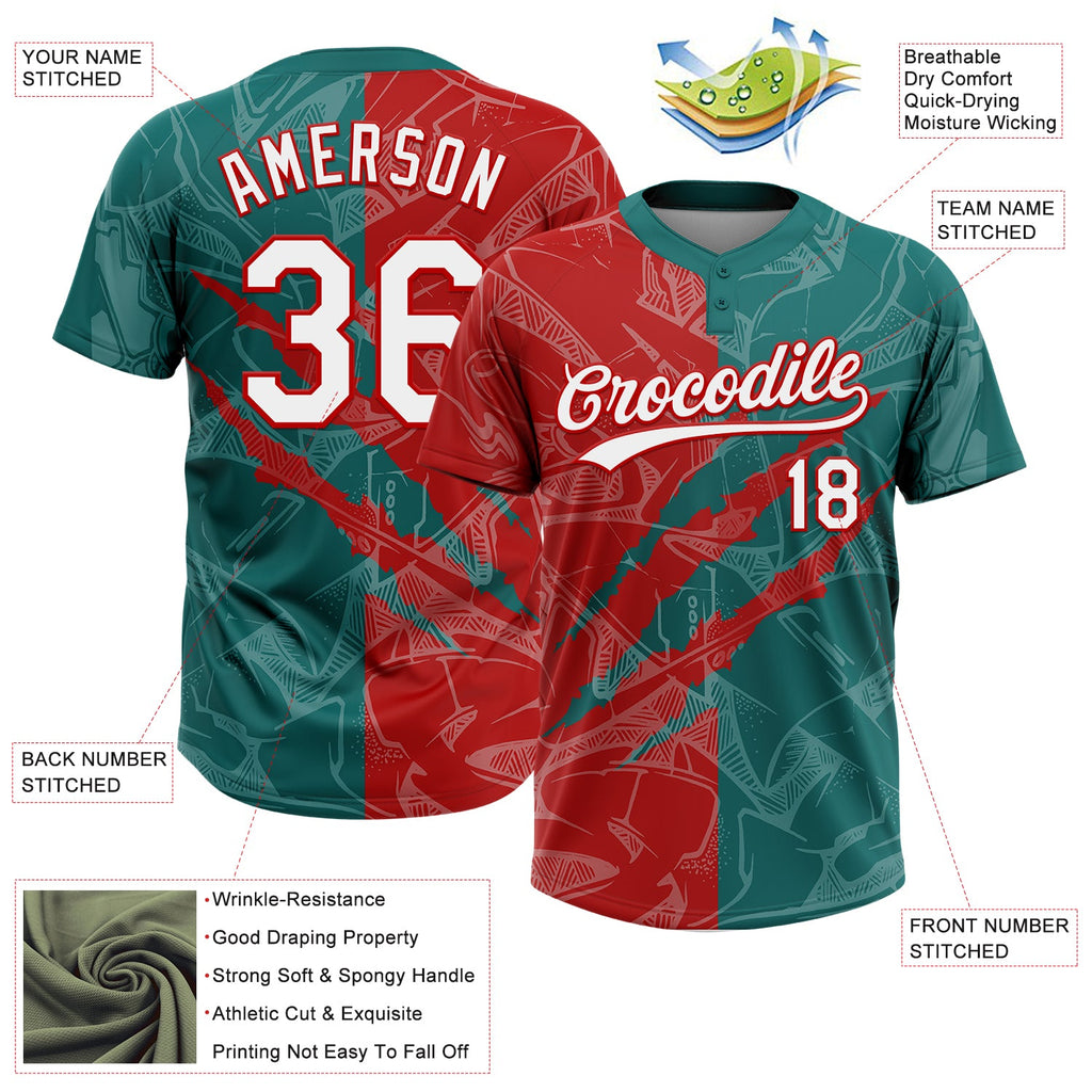 Custom Graffiti Pattern White Teal-Red 3D Scratch Two-Button Unisex Softball Jersey