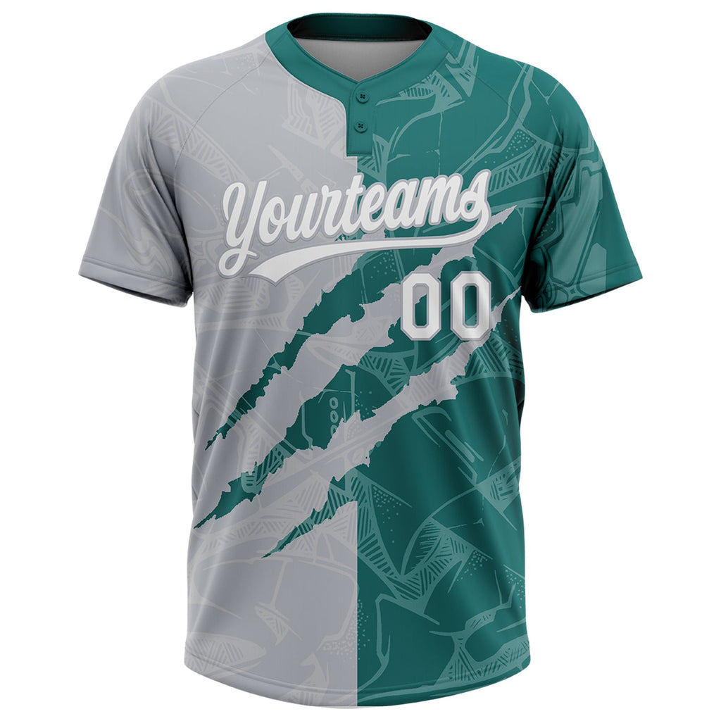 Custom Graffiti Pattern White Teal-Gray 3D Scratch Two-Button Unisex Softball Jersey