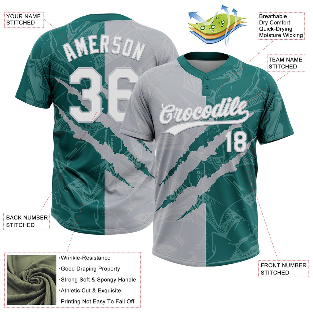 Custom Graffiti Pattern White Teal-Gray 3D Scratch Two-Button Unisex Softball Jersey