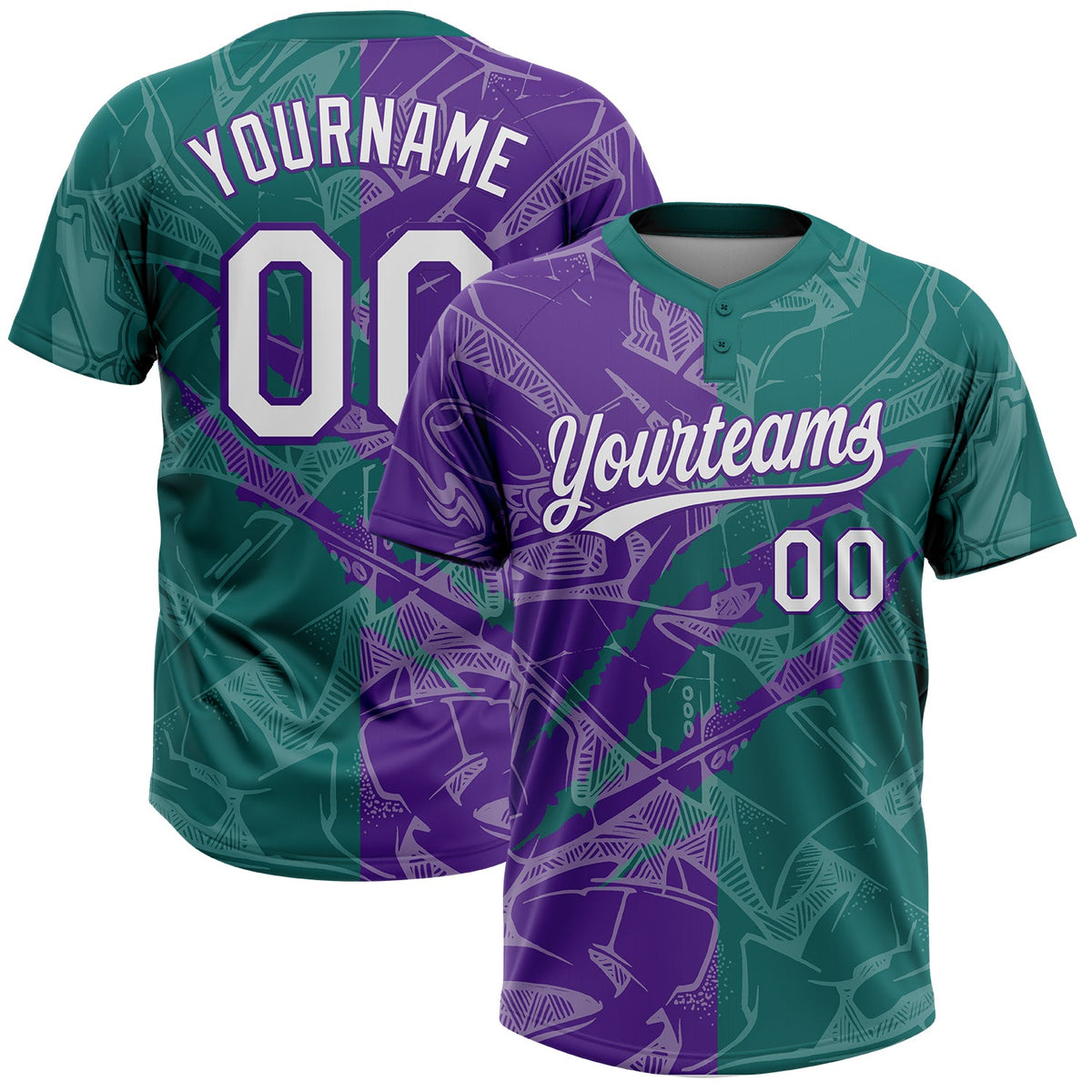 Custom Graffiti Pattern White Teal-Purple 3D Scratch Two-Button Unisex Softball Jersey