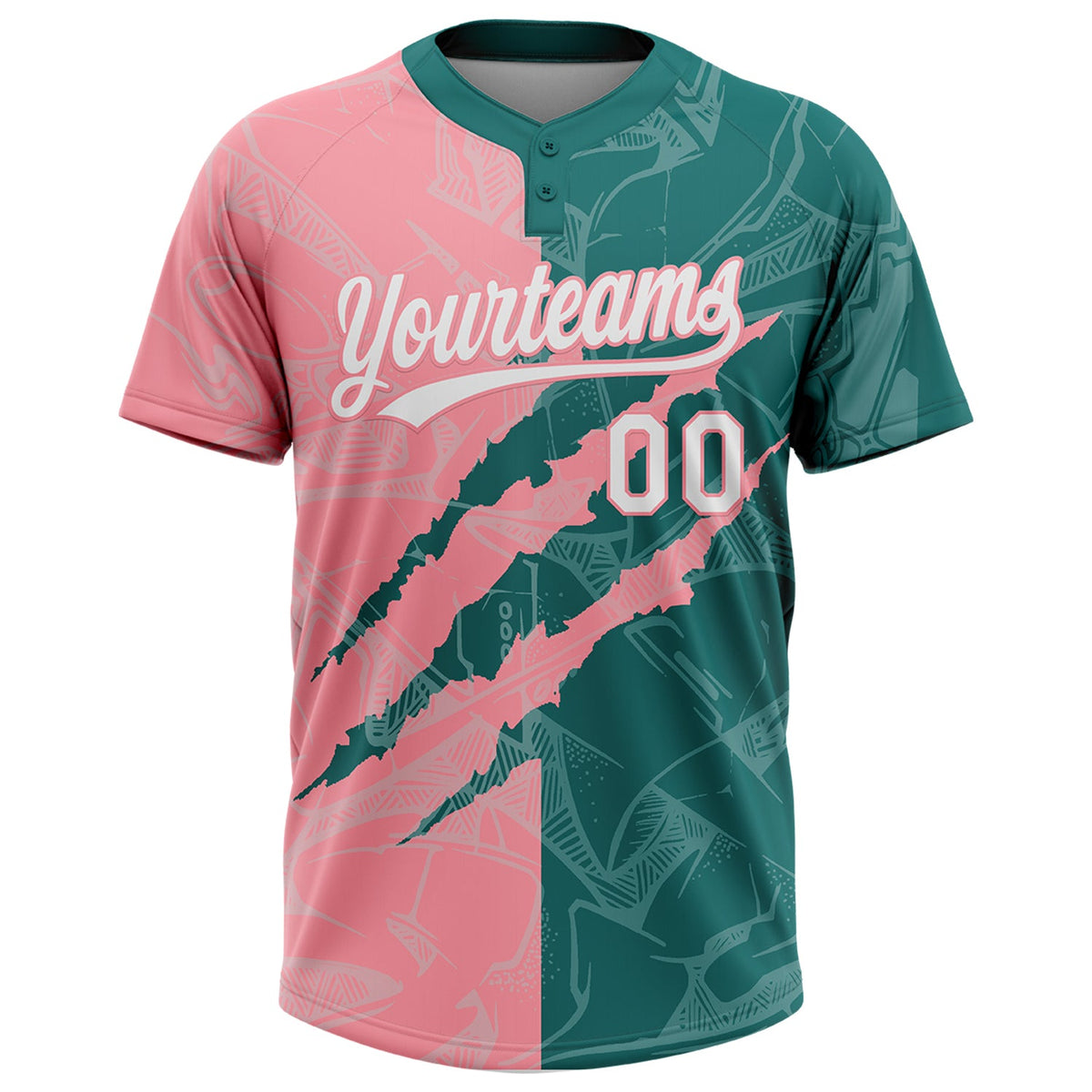 Custom Graffiti Pattern White Teal-Medium Pink 3D Scratch Two-Button Unisex Softball Jersey