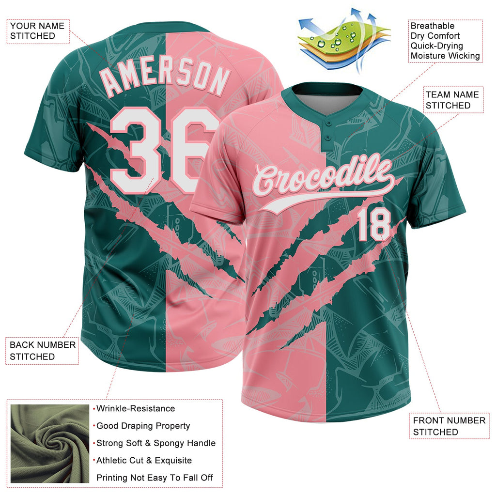 Custom Graffiti Pattern White Teal-Medium Pink 3D Scratch Two-Button Unisex Softball Jersey