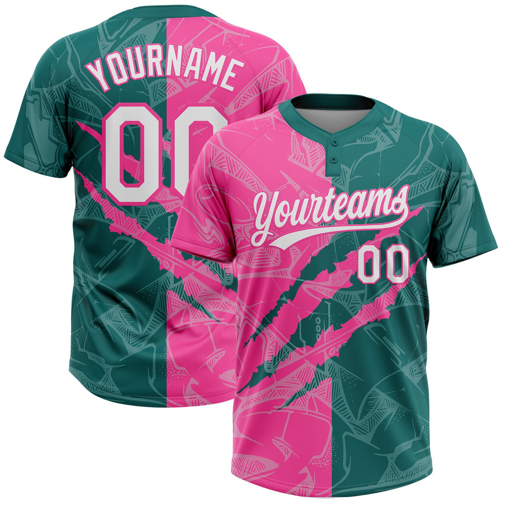 Custom Graffiti Pattern White Teal-Pink 3D Scratch Two-Button Unisex Softball Jersey