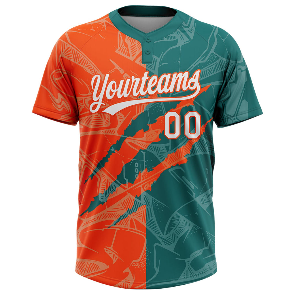 Custom Graffiti Pattern White Teal-Orange 3D Scratch Two-Button Unisex Softball Jersey