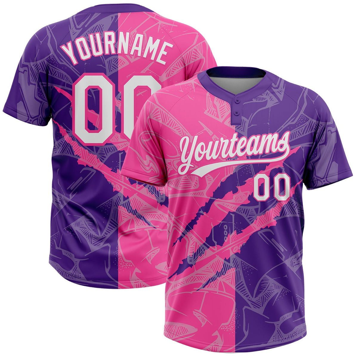 Custom Graffiti Pattern White Purple-Pink 3D Scratch Two-Button Unisex Softball Jersey