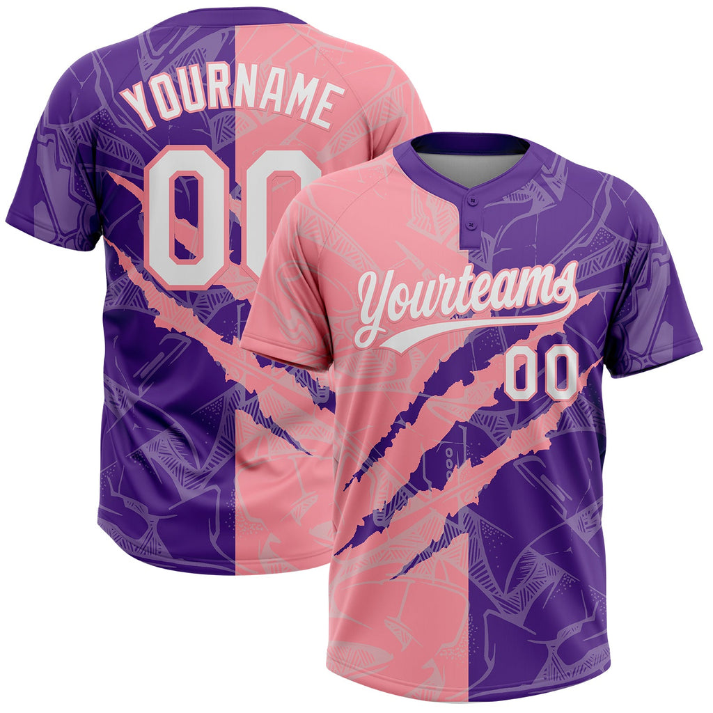 Custom Graffiti Pattern White Purple-Medium Pink 3D Scratch Two-Button Unisex Softball Jersey
