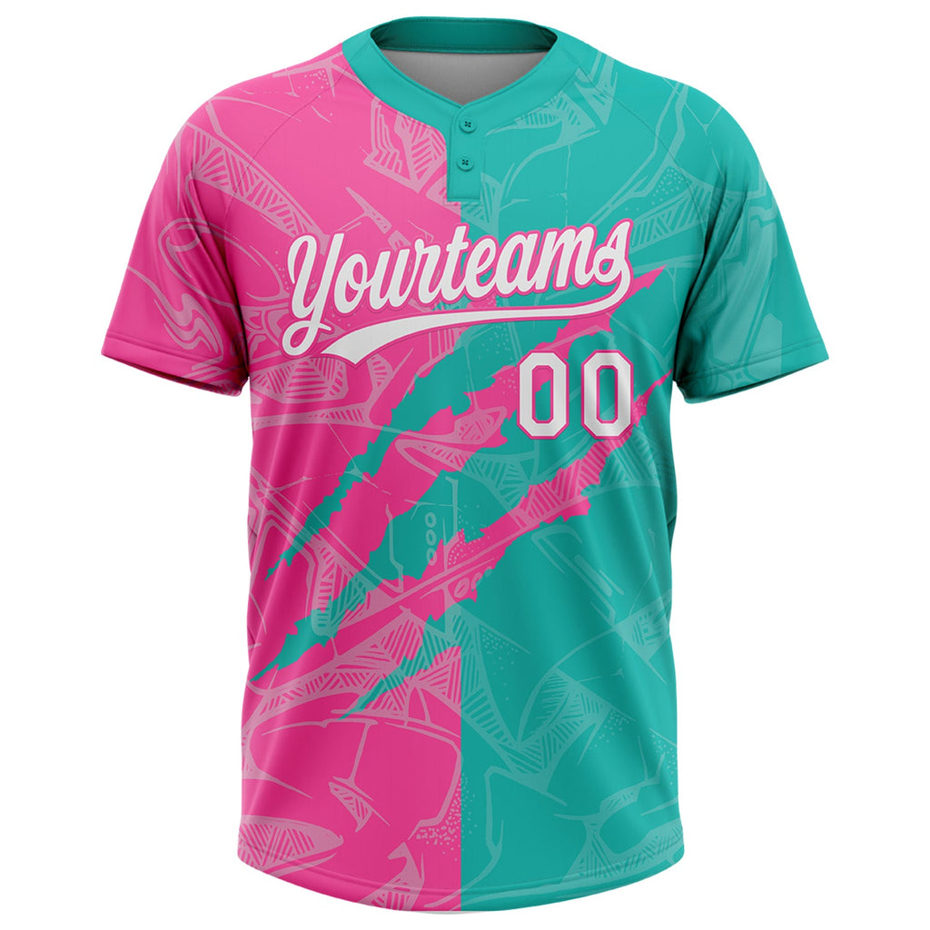 Custom Graffiti Pattern White Aqua-Pink 3D Scratch Two-Button Unisex Softball Jersey