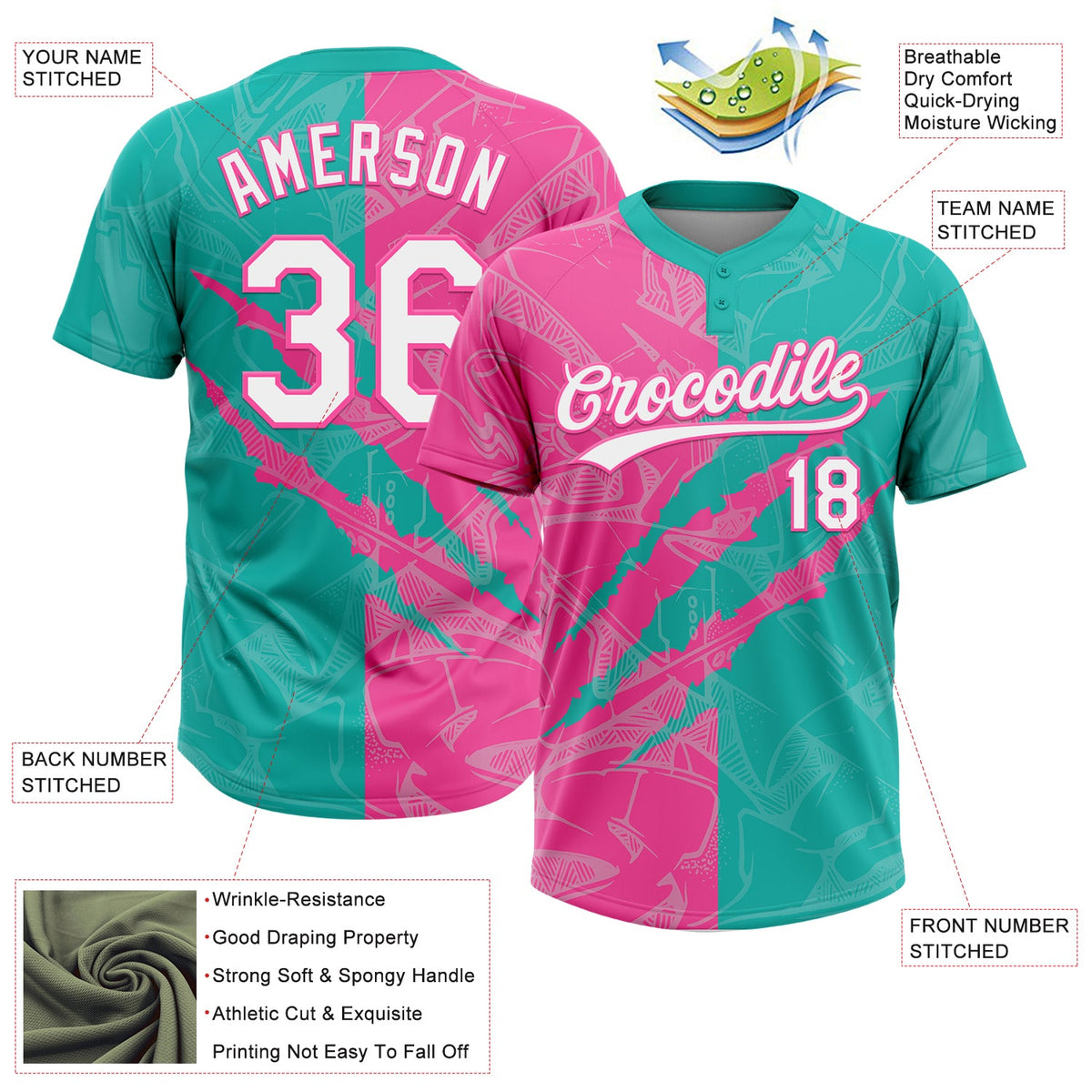 Custom Graffiti Pattern White Aqua-Pink 3D Scratch Two-Button Unisex Softball Jersey