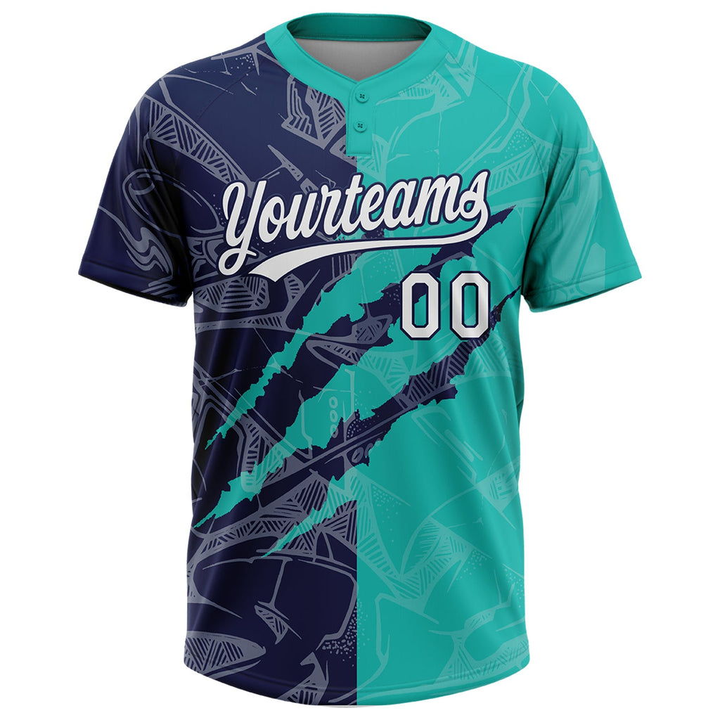 Custom Graffiti Pattern White Aqua-Navy 3D Scratch Two-Button Unisex Softball Jersey