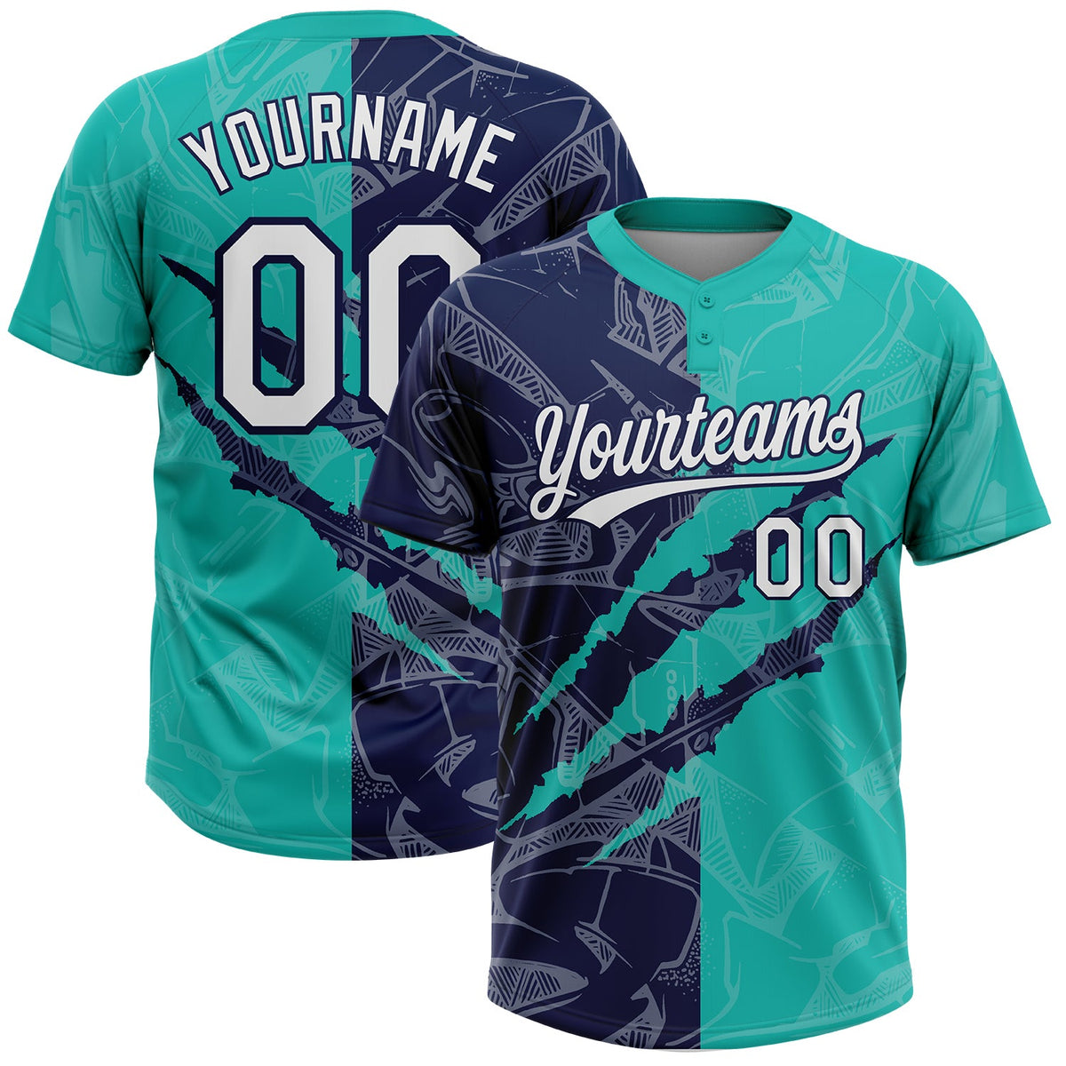 Custom Graffiti Pattern White Aqua-Navy 3D Scratch Two-Button Unisex Softball Jersey