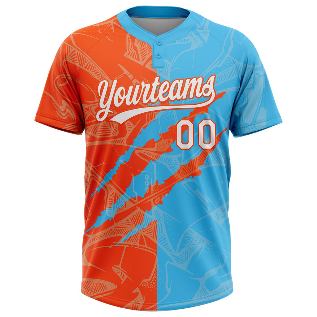 Custom Graffiti Pattern White Sky Blue-Orange 3D Scratch Two-Button Unisex Softball Jersey