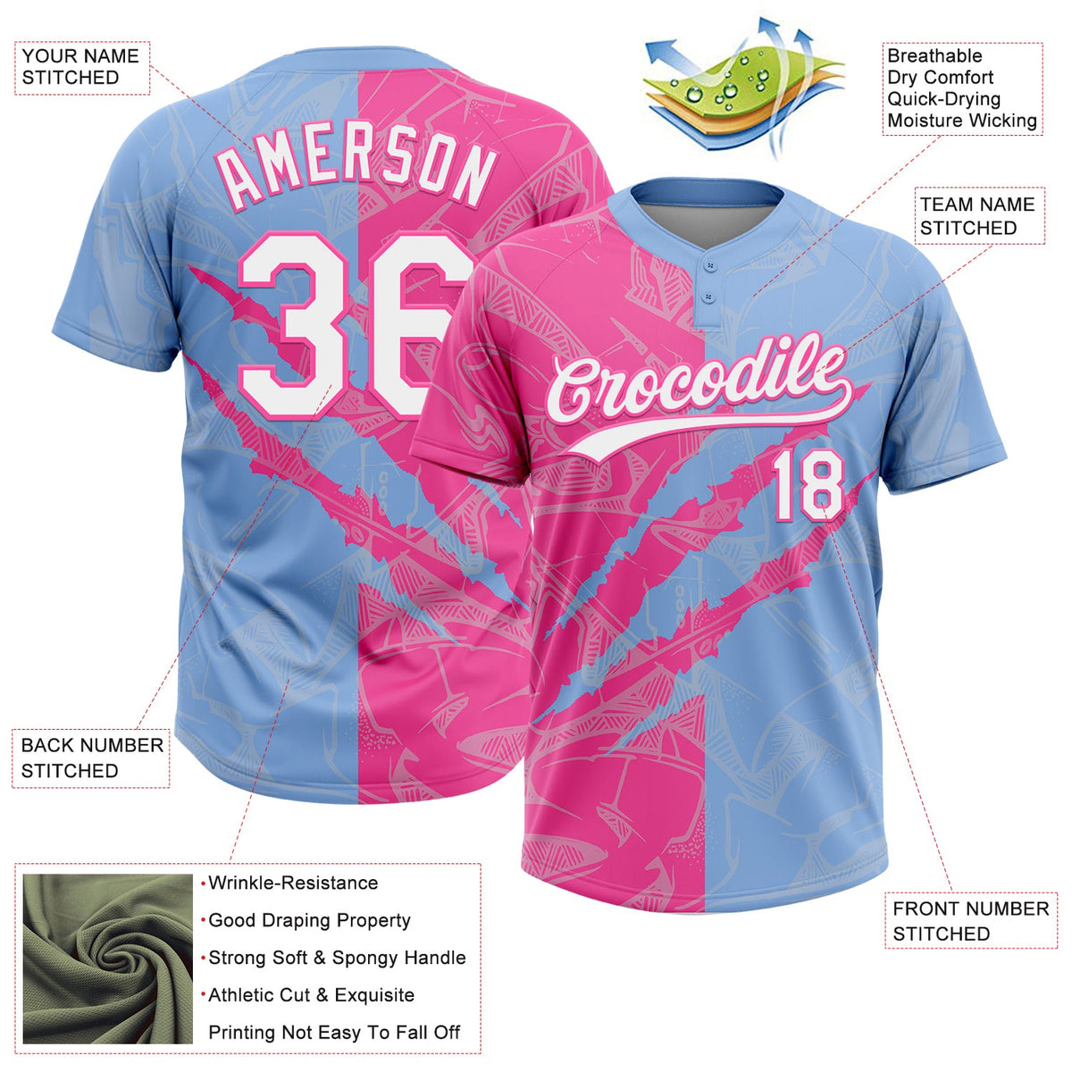 Custom Graffiti Pattern White Light Blue-Pink 3D Scratch Two-Button Unisex Softball Jersey