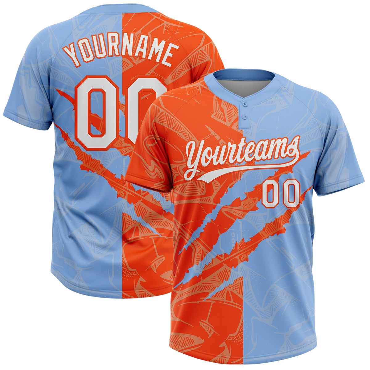 Custom Graffiti Pattern White Light Blue-Orange 3D Scratch Two-Button Unisex Softball Jersey