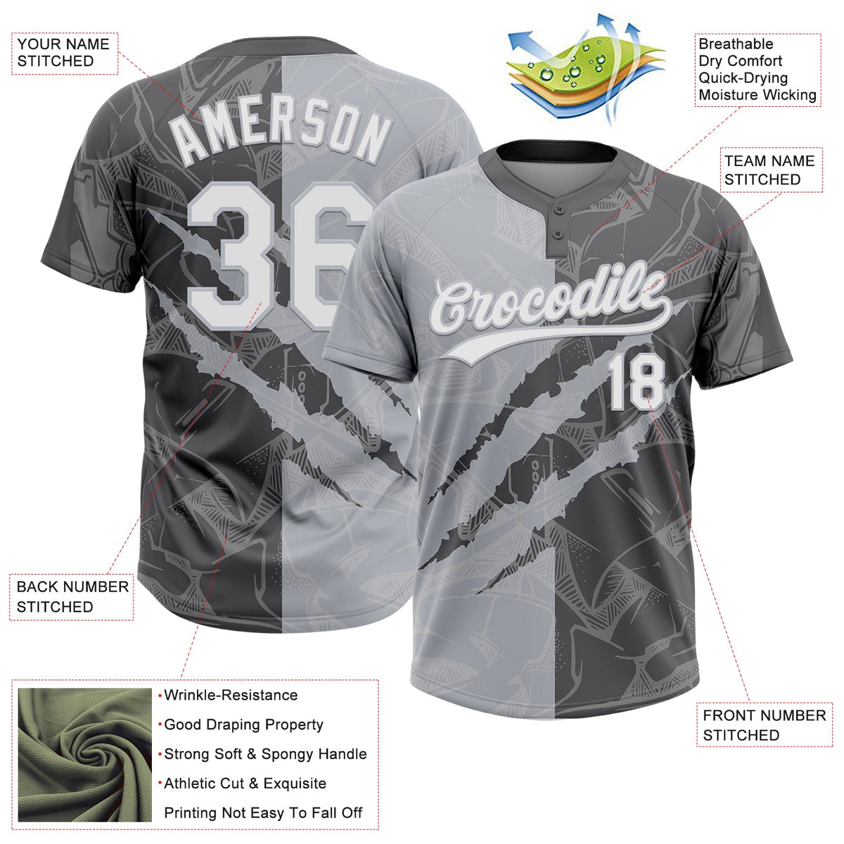 Custom Graffiti Pattern White Steel Gray-Gray 3D Scratch Two-Button Unisex Softball Jersey