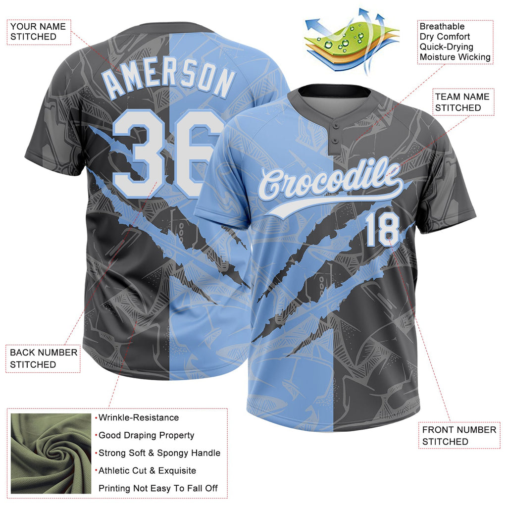 Custom Graffiti Pattern White Steel Gray-Light Blue 3D Scratch Two-Button Unisex Softball Jersey