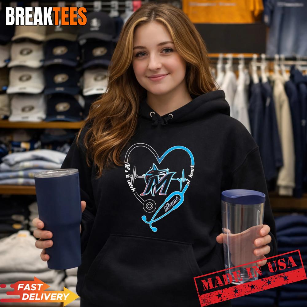 Stethoscope Heart Heartbeat It’s A Work Of Heart Miami Marlins Baseball Logo T-Shirt