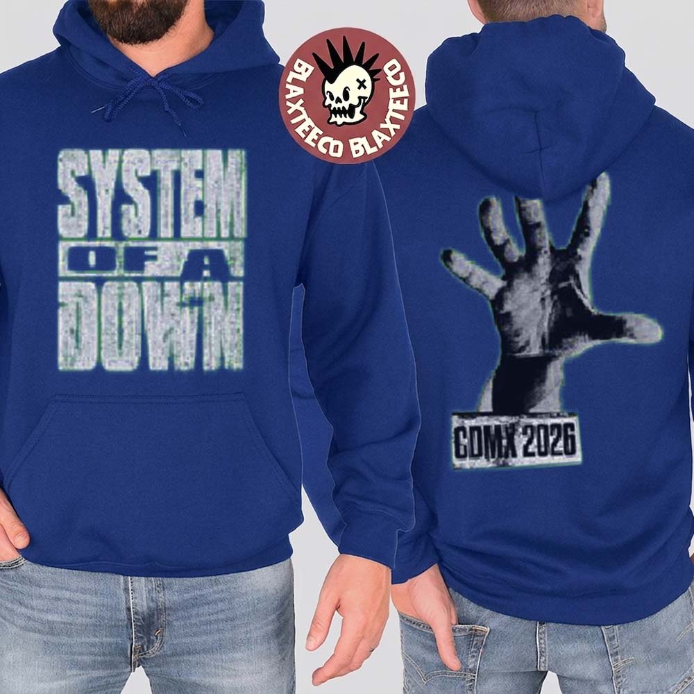 System Of A Down CDMX Mexico 2026 Pop Up Shop Merch At Estadio GNP Seguros On 27 And 28 May 2026 The Hand Blue Hoodie