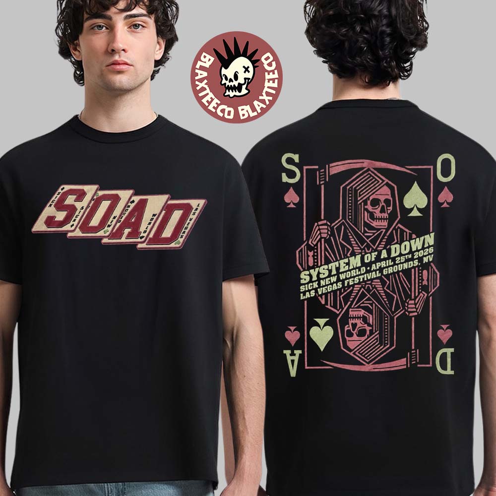 System Of A Down Sick New World 2026 Las Vegas Festival Venue Merch Tee On April 25 2026 The Reaper Playing Cards T-Shirt