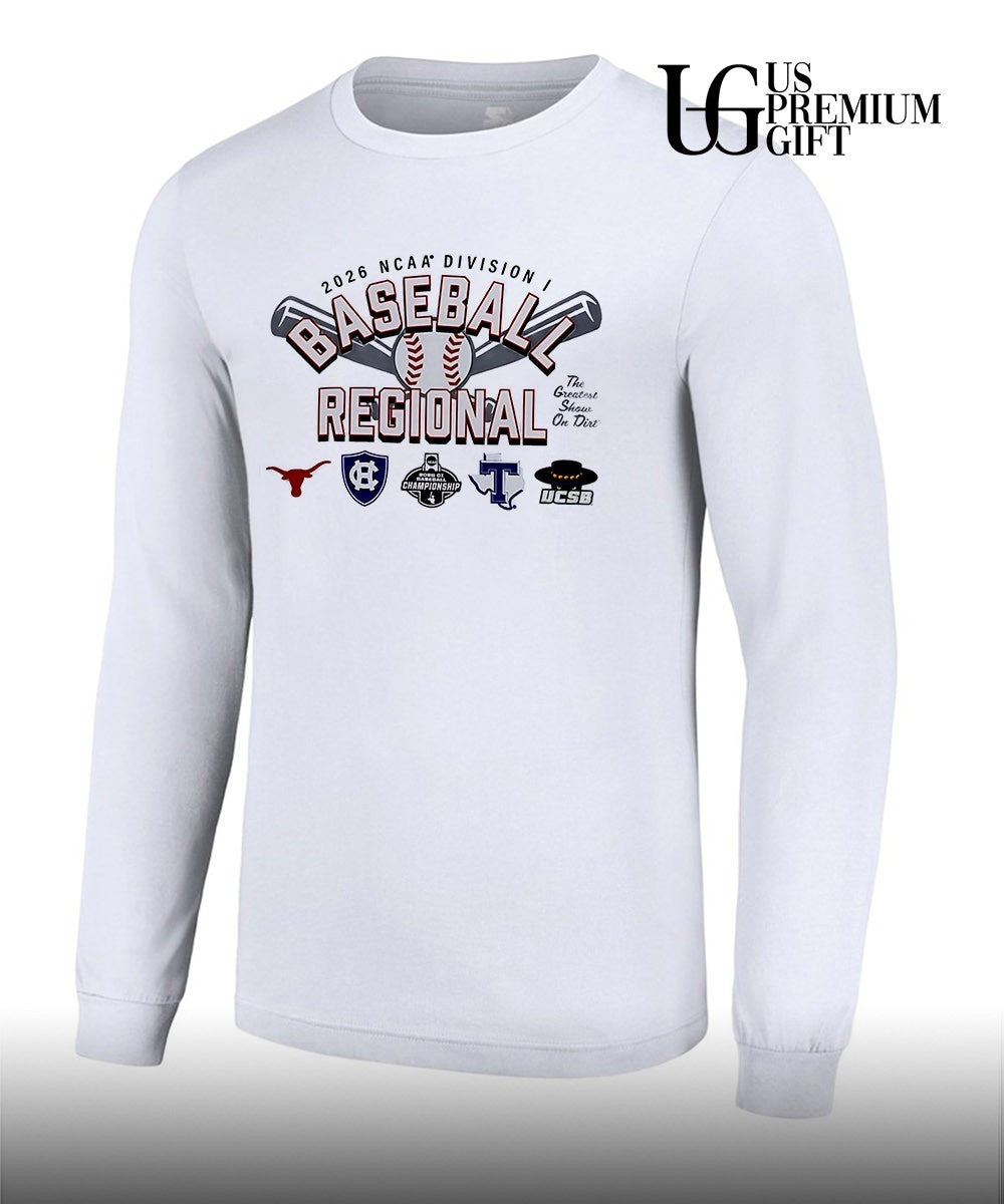 Texas Longhorns and Holy Cross Crusaders and Texas Tech Red Raiders and UCSB 2026 NCAA Division I Baseball Regional Championship shirt