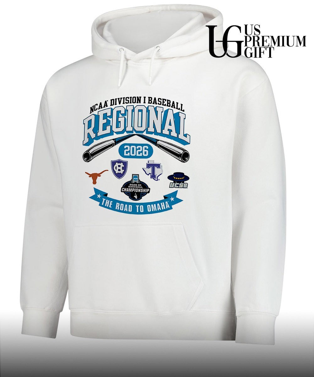 Texas Longhorns and Holy Cross Crusaders and Texas Tech Red Raiders and UCSB 2026 NCAA Division I Baseball Regional Road to Omaha shirt